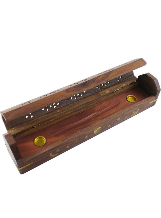 Carved Coffin Brass Inlay Ash Catcher Incense Stick & Cone Holder